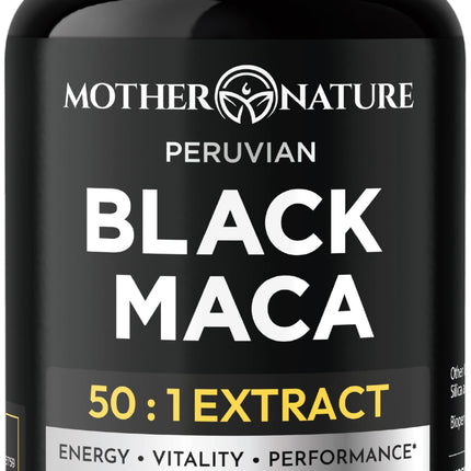 Black Maca Root 50:1 750mg – 60 Capsules Organic Peruvian Maca Peruana Supplement for Men | High Potency Energy, Mood & Performance Support | Vegan, Non-GMO