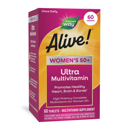 Nature’s Way Alive! Ultra Potency Multivitamin for Women 50 Plus, Complete High Potency Formula with Vitamin D3, C, E, Methylated B12, Supports, Heart, Brain, and Bone Health*, 60 Tablets