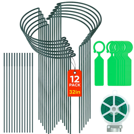 12 Pack 10" W x 32" H Plant Support Stakes, Large Peony Cages and Supports, Tall Peony Ring Supports, Garden Plant Stakes for Outdoor Plants, Rose, Tomato, Hydrangea, Flowers