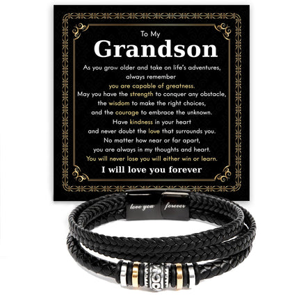 Mapileng To My Grandson – Braided Leather Bracelet with Love You Forever Message, Thoughtful Gift from Grandpa & Grandma with Elegant Gift Box – Ideal for Birthday, Graduation, Christmas For Grandson