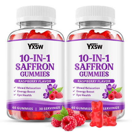 YXSW Saffron Gummies, Saffron Supplements for Kids & Adults with Ashwagandha, L-Theanine, Lemon Balm, Vitamin D3, B6, Magnesium & Zinc - Support Focus, Relaxation, Raspberry Flavor, 120 Count