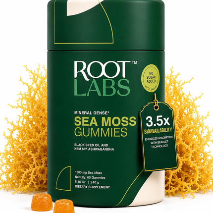 ROOT LABS Sea Moss Gummies I 92+ Minerals I Black Seed Oil I KSM 66 Ashwagandha I Lab Tested I No Added Sugar | for Men, Women I Non-GMO I 100% Natural & Organic I 1600 mg I 60 Gummy