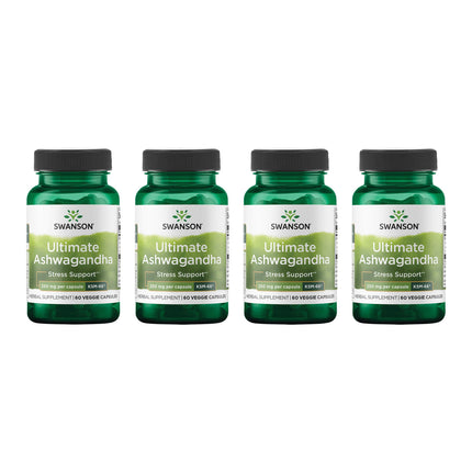 Swanson Ultimate Ashwagandha KSM-66 - Herbal Supplement Supporting Healthy Stress Levels & Relaxation - Natural Formula to Promote a Calm & Relaxed Mindset - (60 Veggie Capsules, 250mg Each) (4 Pack)