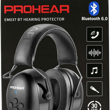 PROHEAR 037 Bluetooth 6.0 Hearing Protection Headphones with Rechargeable 1500mAh Battery, 30dB SNR Safety Noise Reduction Ear Muffs 120H Playtime for Mowing, Workshops, Snowblowing - Black