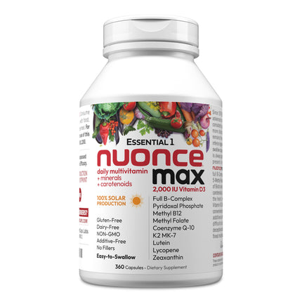 ANDREW LESSMAN Essential-1 nuonce max Multivitamin 2000 IU Vitamin D3 360 Small Capsules. 100 mcg Methyl B12. CoQ10 Lutein Lycopene Zeaxanthin. High Potency. No Additives. Ultra-Mild One Daily Capsule