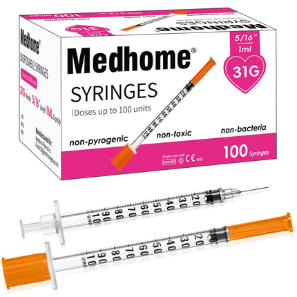 1ml 31G 5/16 Inch 8mm Syringe, Lab Syringes Individually Wrapped, Pack of 100