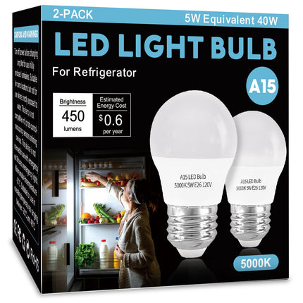 LOXYEE LED Refrigerator Light Bulb 2 Pack，Dimmable A15 5000K 40W Equivalent