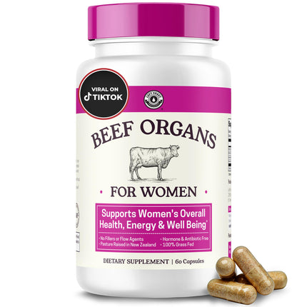 Beef Organ Supplement for Women - Beef Liver, Kidney, Heart and Uterus Tissue, Supports Women's Overall Energy and Health - Pasture Raised in New Zealand - No Fillers or Flow Agents - 60 Capsules