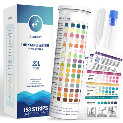 23 in 1 Drinking Water Testing Kit with Bacteria Test, 158 Strips Water Test Kit for Tap & Well Water, Tests Hardness, Chlorine, Copper, Iron, Lead, pH, Alkalinity and More