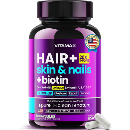 Biotin | Collagen | Keratin Booster with Hyaluronic Acid - Thicker Hair Growth, Healthy Skin & Stronger Nails Supplement – Extra Strength - Multi Vitamin B Complex - Women & Men - Made in USA - 60ct