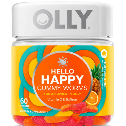 OLLY Hello Happy Gummy Worms, Mood Balance Support, Vitamin D, Saffron, Adult Chewable Supplement, Tropical Zing - 60 Count