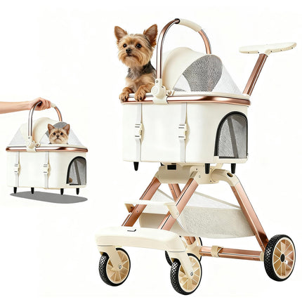 EPPMagice All-Terrain Pet Stroller for Small Medium Dogs & Cats, 20 lbs Capacity - Portable Carrier with One-Touch Brake, Lightweight Foldable Design & Shock Absorption Wheels,Beige