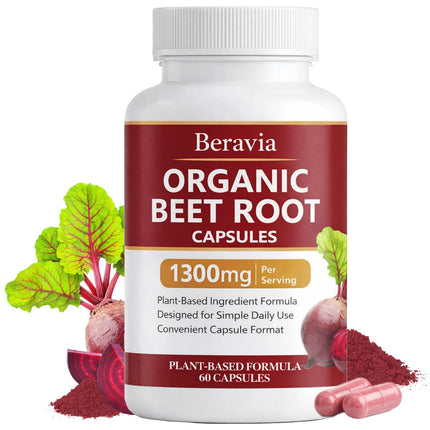 Beravia Organic Beet Root Capsules – 1300 mg Beetroot per Serving, Supports Circulation & Daily Energy for Active Lifestyles, Plant-Based Antioxidant Formula, 60 Capsules (1)