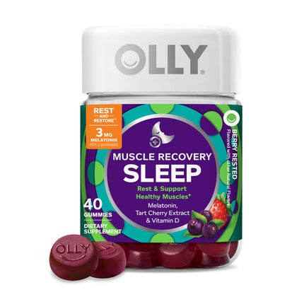 OLLY Muscle Recovery Sleep Gummies, Sleep and Healthy Muscle Support,* 3mg Melatonin, Tart Cherry Extract, Vitamin D, Berry Rested Flavor, 20 Day Supply - 40 Count