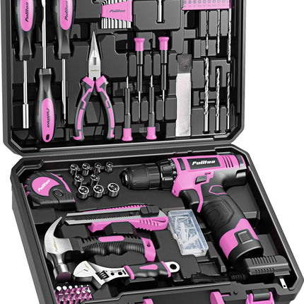 PULITUO Drill Set, 149-Piece Home Tool Set with 12V Pink Cordless Drill, Tool Box, Hand Tool Kits for Women & Men and DIY Enthusiasts, for Home Improvement