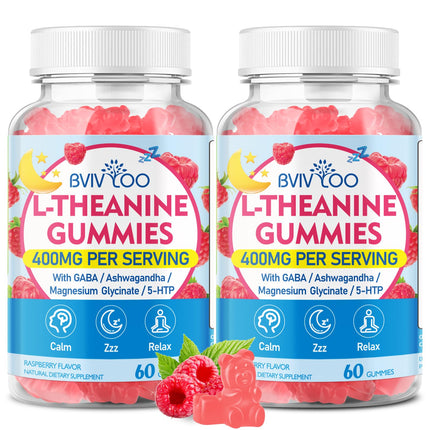BVIVLOO L-Theanine Gummies with L-Theanine 400 mg, Ashwagandha, GABA, 5-HTP, Magnesium Glycinate for Calm, ZZZ & Relaxation Support - Vegan, Raspberry Flavor, 120 Count
