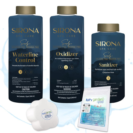 Sirona Simply Hot Tub Care Kit: Waterline Cleaner, Oxidizer, Non-Chlorine Sanitizer with My Garden Pool 20 Ct. Test Strips & Scum Sponge Flower Oil-Absorbing Sponge for Hot Tubs and Pools