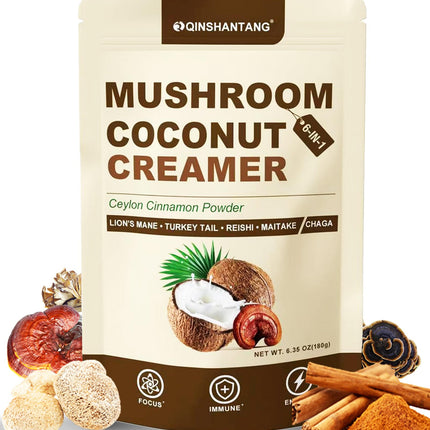Mushroom Coconut Creamer, Natural Creamer for Coffee, 5 Mushrooms Extract |Lion's Mane, Turkey Tail, Reishi, Maitake, Chaga and Ceylon Cinnamon | Boosts Focus, Immunity and Energy | 6.35oz