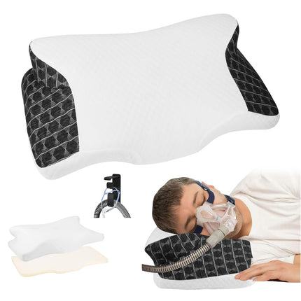 Cervical Neck CPAP Pillow for Side, Stomach, Back Sleepers to Neck Pain Relief - Ergonomic Adjustable Height Memory Foam Pillow for Neck Support - Include CPAP Hose Holder-Keep The Hose Off The Floor