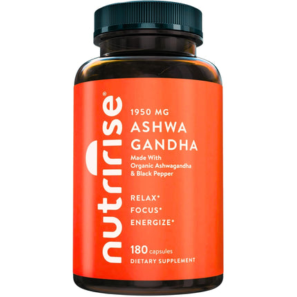 NutriRise Organic Ashwagandha Root Capsules with Black Pepper 1950mg, Natural Stress & Mood, Thyroid & Immune Support Supplement, Sleep Aid, Clarity, Focus & Energy, Gluten Free, 180 Count