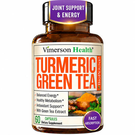 Turmeric Curcumin Supplement with Green Tea Extract (ECGC) & Vitamin C for Joint Health, Energy & Inflammation Balance - Organic Tumeric Curcumin with Black Pepper - Gluten-Free, Non-GMO - 60 Capsules