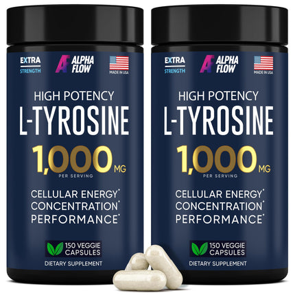 [2 Pack] L-Tyrosine 1000MG Capsules - Natural L Tyrosine Supplement for Kids & Adults - Energy Boost and Brain Supplement - 2x the potency of L-Tyrosine 500mg capsules - 300 Vegan LTyrosine Capsule