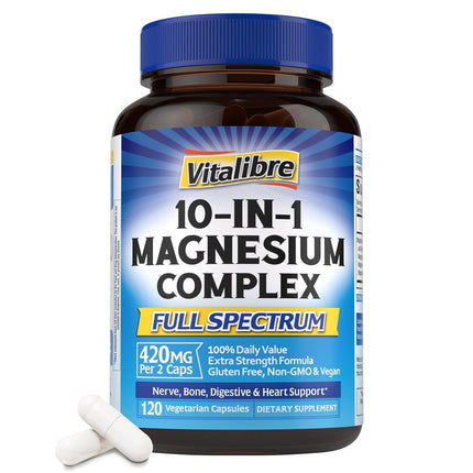 Vitalibre 10 in 1 Magnesium Complex, 420mg Elemental Magnesium | Ultra Strength, Max Absorption | Chelated Magnesium Supplement for Nerves, Bone & Heart Health | Non-GMO, 120 Vegan Capsules