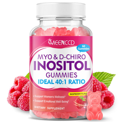 MEENCCD Myo-Inositol & D-Chiro Inositol Gummies, 40:1 Ratio Inositol with Vitamin D3, Magnesium Glycinate, Folate & Zinc, Inositol Supplement for Female Health, Raspberry Flavor, 60 Count