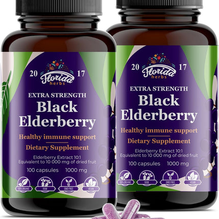 FLORIDA HERBS Black Elderberry Capsules | 200 Count | Sambucus Nigra Elderberry Supplement, Non-GMO, Gluten Free, Vegan Capsules – Pack of 2