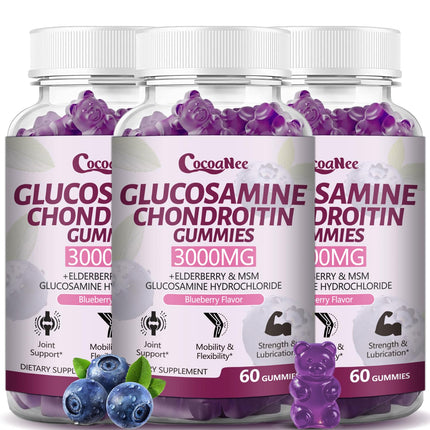 CocoaNee 3 Packs 3000MG Glucosamine Chondroitin Gummies, Extra Strength Joint Support Supplement with MSM & Elderberry, Flexibility, Antioxidant Immune Support Gummy for Adults, Men & Women 180Cts