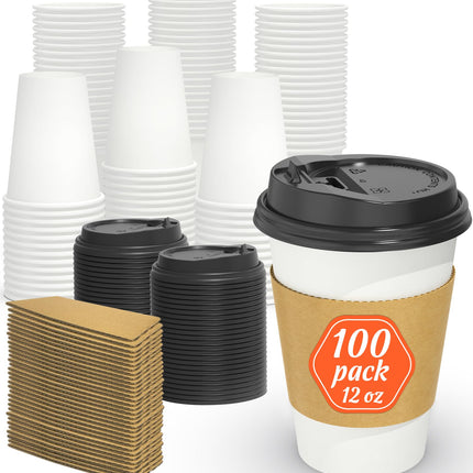 Dealusy 100 Pack 12 oz Disposable Coffee Cups with Lids and Sleeves, Sturdy Thick Paper & Leak-free Insulated to Go Paper Hot Coffee Cups for Hot & Cold Beverage