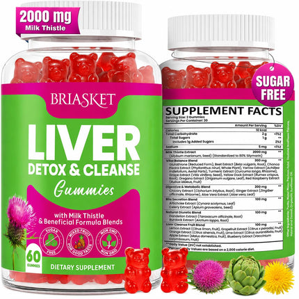 Liver Detox Cleanse & Repair, 2000 mg Milk Thistle Liver Detox, Liver Support Supplement with Glutathione, Dandelion Root, Turmeric & Artichoke, 23-in-1Herbal for Liver & Gut Health, Vegan, 60 Gummies