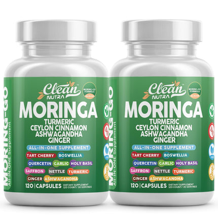 Moringa Powder Capsules + Turmeric Moringa Leaf Ceylon Cinnamon Ashwagandha Ginger Tart Cherry Boswellia Quercetin Garlic Holy Basil Saffron Nettle Black Pepper Moring-Go Supplement By Clean Nutra (2)