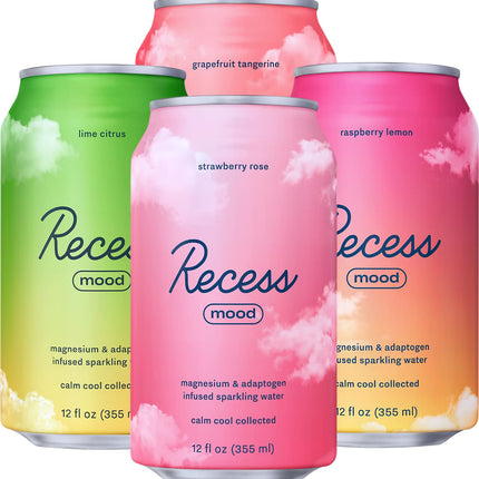 Recess Mood Magnesium & Adaptogen Drink, Relaxation Beverage, 12 Ounce (Variety Pack, 12 Pack)