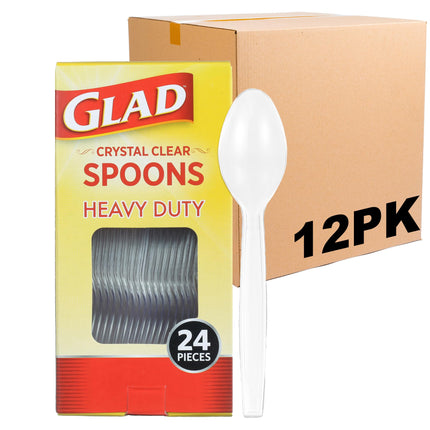 Glad Clear Plastic Spoons, Sturdy Disposable Plastic Cutlery for Parties, Events, Outdoor Meals, and Everyday Use, Clear Neutral Design Fits Any Table Setting, 24 Count - 12 Pack