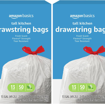 Amazon Basics Flextra Strength Tall Kitchen Drawstring Trash Bags,Fresh Scent,Tear Resistant,13 Gallon,50 Count (Pack of 2)
