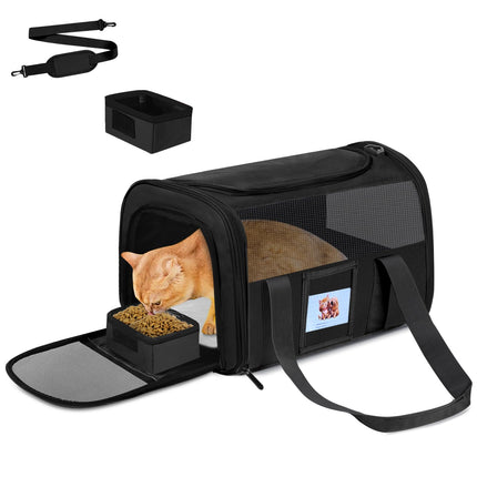 FOORLON Cat Carrier Soft for Pets Up to 15 Lbs, Cat Travel Bag with Padded Shoulder Strap and Detachable Cat Food Bowl, Pet Dog Carriers for Small Dogs Travel Puppy Carry Airline Approved, Black
