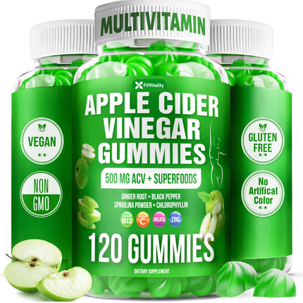 FitVitality 120 Premium Apple Cider Vinegar (ACV) Gummies, Formulated with Vitamin B12, Zinc, Ginger & Vitamin C | Vegan - Gluten Free - Non GMO