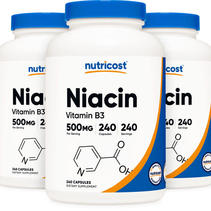Nutricost Niacin (Vitamin B3) 500mg, 240 Capsules (3 Bottles) - Niacin Flush