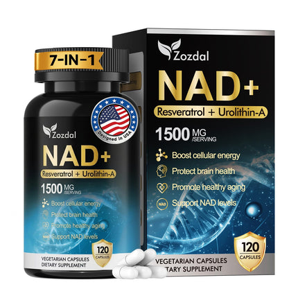 Zozdal NAD+ Supplement 1500mg - 7-in-1 Liposomal Formula with Urolithin A, CoQ10 & Resveratrol - Cellular Energy, Muscle Health & Healthy Aging Support for Women & Men- 120 Capsules