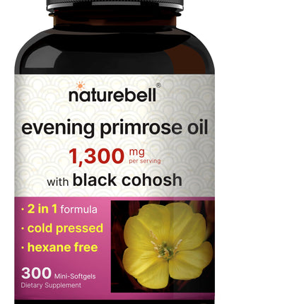 NatureBell Evening Primrose Oil with Black Cohosh, 1,300mg Per Serving, 300 Mini-Softgels | Cold Pressed Seeds, Retains 130mg GLA for Womens Health & Skin Care Support – Hexane Free, Non-GMO
