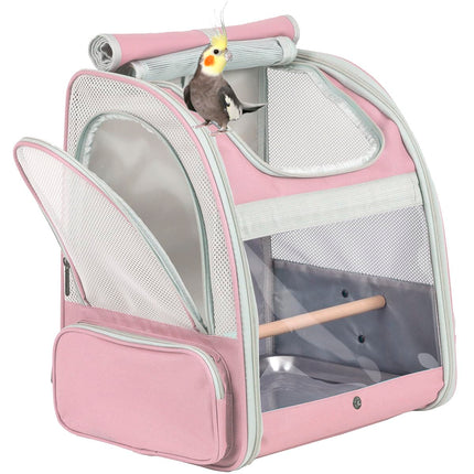 ORIZZP Bird Carrier Backpack with Wooden Stand Perch, Vented and Breathable Bag to Carry Parakeet Cockatiel Conure Parrot (Pink, Bird Backpack)