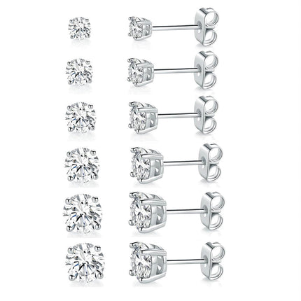 18K White Gold Plated Round Cubic Zirconia Stud Earrings Pack, 6 Pairs