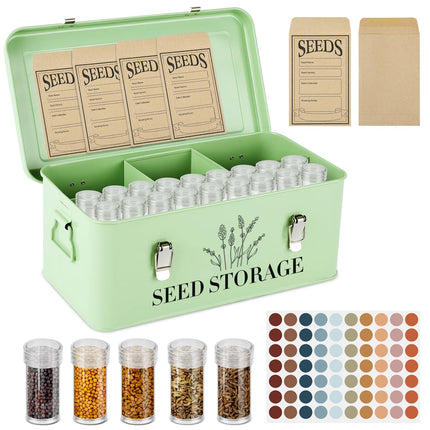 Himake 60 Slots Seed Storage Box with 4 Dividers, Metal Seed Storage Organizer Saving Box, Seeds Packet Container, Professional All-in-One Kit with 60 Seeds Envelopes and Label Stickers