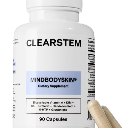 CLEARSTEM - MINDBODYSKIN Hormonal Acne Supplement (5-HTP) - Natural DIM Supplement - Skin Care Vitamins - Hormone Balance, Antioxidants - Gluten Free, Cruelty Free - 30 Servings, 90 Capsules