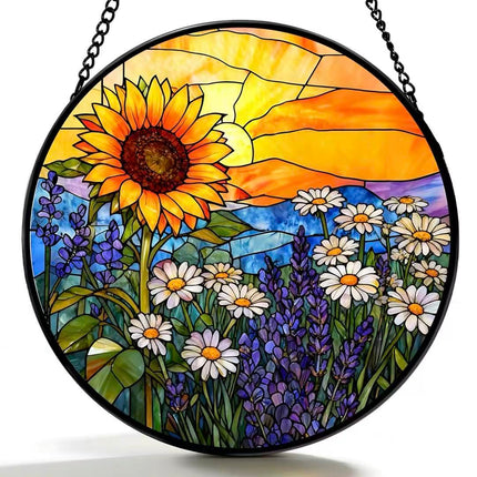 Argodaze Stained Glass Window Hanging - Sunflowers, Daisies, Lavender and Sunset 6.3 Inches Suncatcher for Garden Home Decor for Women Mom Grandma Friends