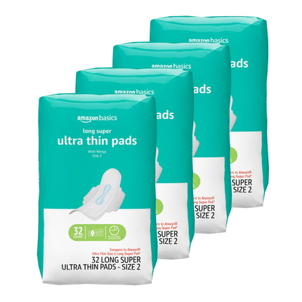 Amazon Basics Ultra Thin Pads with Flexi-Wings for Periods, Long Length, Super Absorbency, Unscented, Size 2, 128 Count, 4 Packs of 32