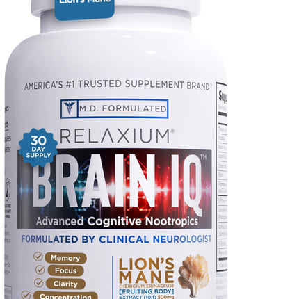 Relaxium BrainIQ Nootropic Brain Supplements | Memory Supplement for Brain Health | Cognitive Supplement & Memory Pill with Lion's Mane | L-threonine & Coffee Extract - 60 Count