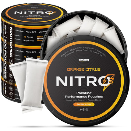 Nitro Nootropic Pouches - Energy + Focus Pouches - 100mg Caffeine, Alpha GPC, Cognizin® Citicoline, L-Theanine, Vitamin B12 - No Sugar, Nicotine-Free - 20 Pouches Per Can - 5 Pack - Orange Citrus