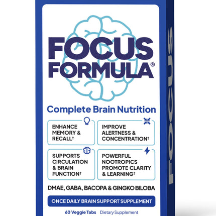 Focus Formula Nootropic Brain Supplement, Focus Capsules for Concentration, Supports Energy, Brain Booster with GABA, DMAE, and BACOPA, Memory Support Supplement, Cognitive Support, 60 Veggie Tablets